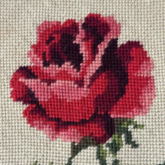 Vintage Needlepoint Rose Wall Art Panel Green Red Pink Flower Handmade Decor - Picture 4 of 8